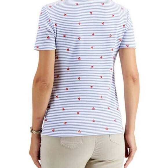 Karen Scott Womens Plus XXL Popover Top Blue White Stripe Button Neck Watermelon - Picture 3 of 10